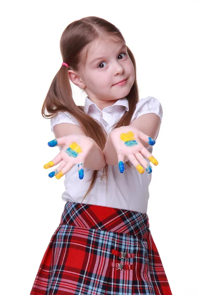Szczęśliwa dziewczynka z rąk malowane jak ukraiński flaga — Zdjęcie stockowe