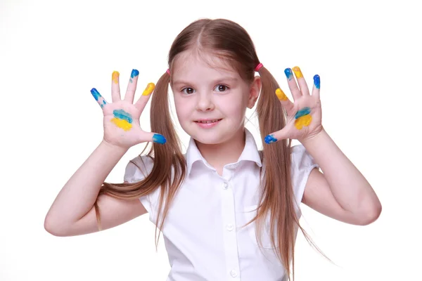 Happy little girl in with hands painted as ukrainian flag — Stock Photo, Image