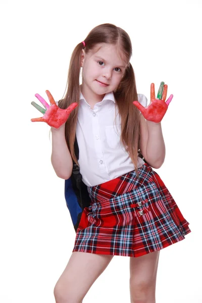 Glad liten tjej med färg på händer — Stockfoto