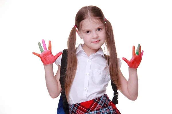 Happy little girl with paints on hands — Stock Photo, Image