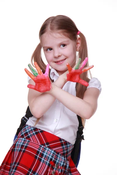 Szczęśliwa dziewczynka z farby na ręce — Zdjęcie stockowe