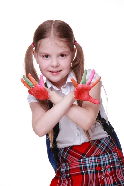 Szczęśliwa dziewczynka z farby na ręce — Zdjęcie stockowe