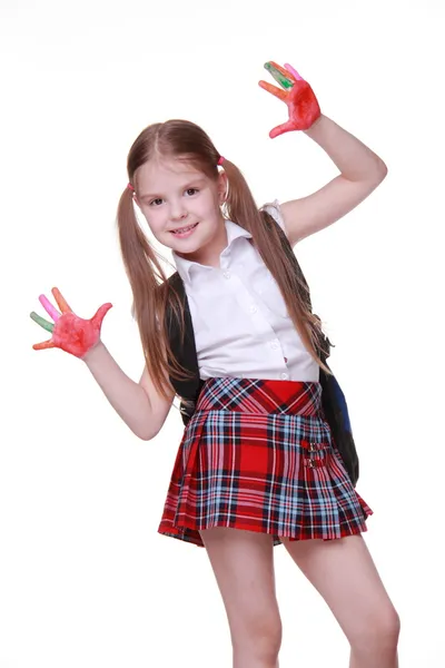 Happy little girl with paints on hands — Stock Photo, Image