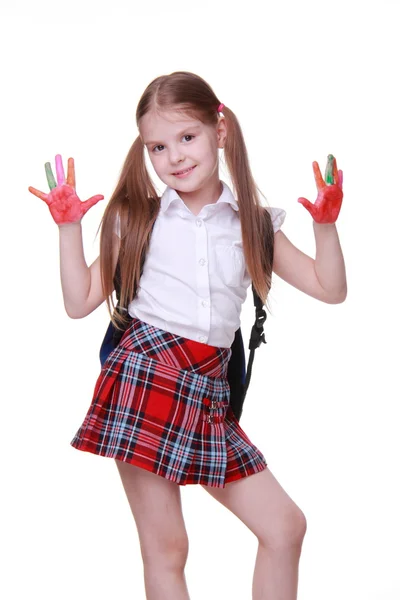 Glad liten tjej med färg på händer — Stockfoto