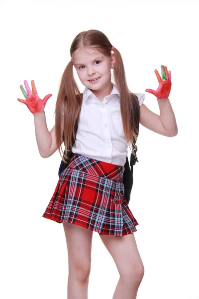 Happy little girl with paints on hands — Stock Photo, Image