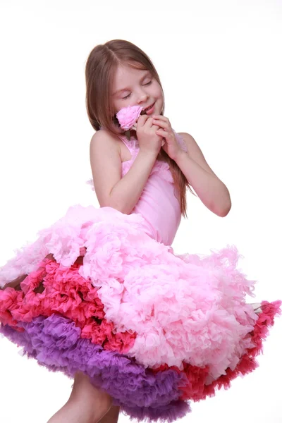 Schöne kleine Mädchen in einem schönen rosa Kleid isoliert auf weißem Hintergrund — Stockfoto