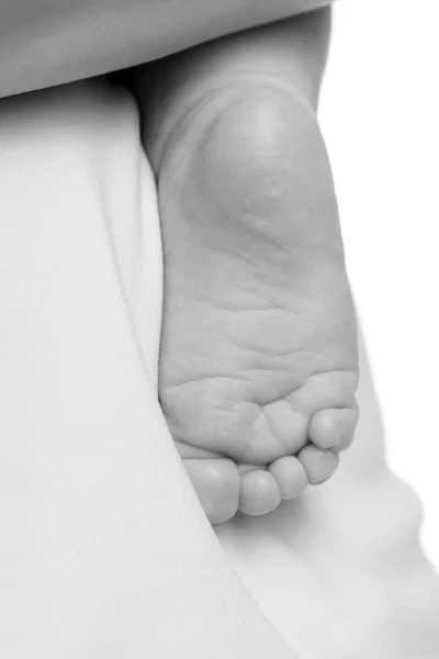Porträtt av nyfödda barnets fot i mammas händer — Stockfoto