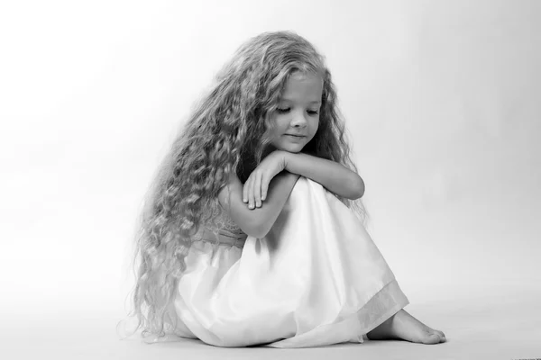Black and white studio image of beautiful caucasian little girl — Stock Photo, Image