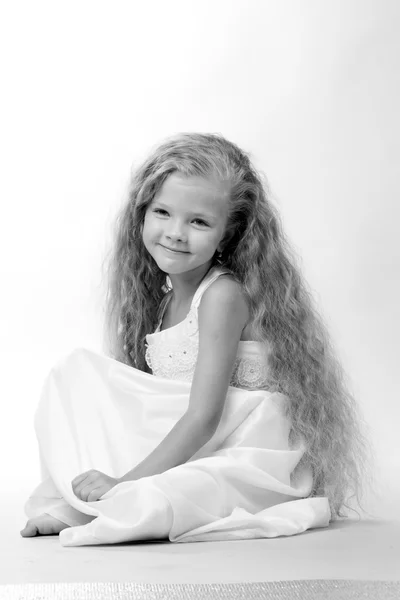 Black and white studio image of beautiful caucasian little girl — Stock Photo, Image