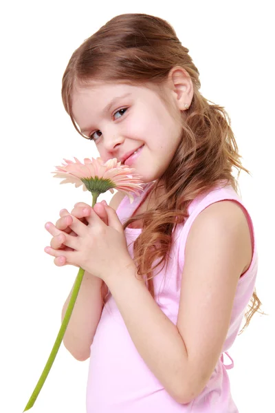 Liebliches kleines Mädchen mit einem süßen Lächeln, das eine rosa Gerbera hält — Stockfoto