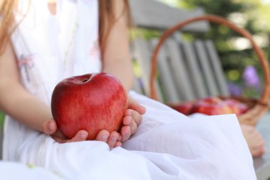 bir bankta Kırmızı elma ile kırmızı organik applesbasket busket ile bir bankta oturan kız