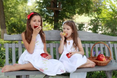 Lovely girls with basket of red apples on a bench