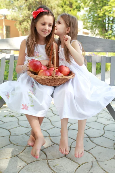 Schöne Mädchen mit einem Korb roter Äpfel auf einer Bank — Stockfoto