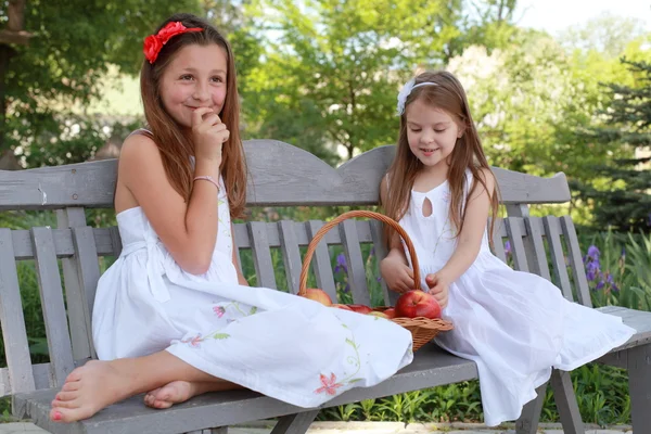 Meninas encantadoras com cesta de maçãs vermelhas em um banco — Fotografia de Stock