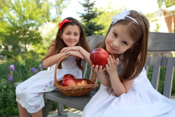 Dejlige piger med kurv af røde æbler på en bænk - Stock-foto