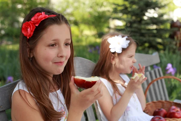 Hermosas chicas con cesta de manzanas rojas en un banco — Foto de Stock