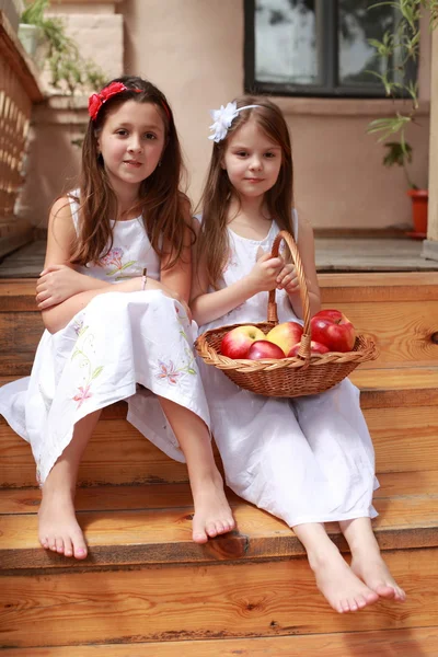 Девушки с яблоками на лестнице — стоковое фото