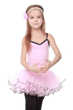 Güzellik ve moda izole beyaz dans tutu, neşeli gülümseyen küçük kız