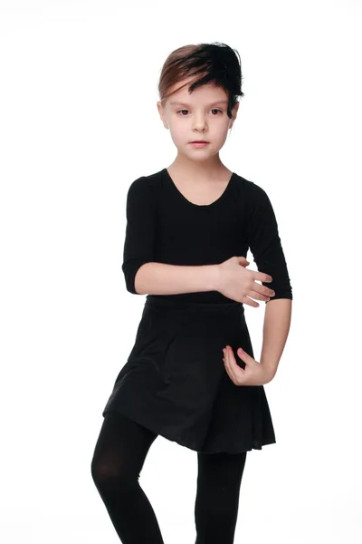情感小芭蕾舞演员穿黑西服的舞蹈姿势表示情绪的舞蹈 — 图库照片