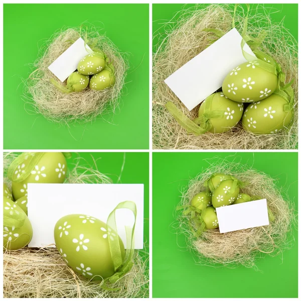 Conjunto de fotos de huevos de Pascua sobre fondo verde en el tema de vacaciones Conjunto de fotos sobre el tema de Pascua —  Fotos de Stock