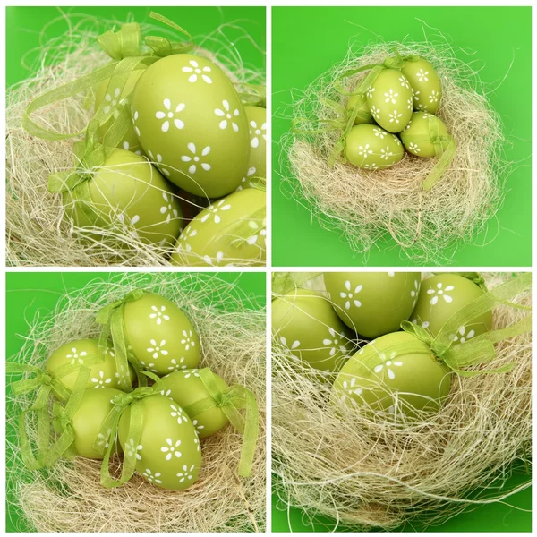 Conjunto de fotos de huevos de Pascua sobre fondo verde en el tema de vacaciones Conjunto de fotos sobre el tema de Pascua —  Fotos de Stock