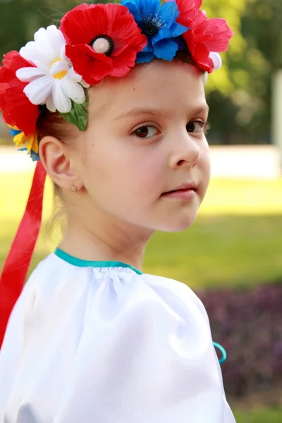 Schattig klein meisje met een charmante glimlach in een prachtige nationale kostuum Oekraïne is op de achtergrond van groen gras buitenshuis — Stockfoto