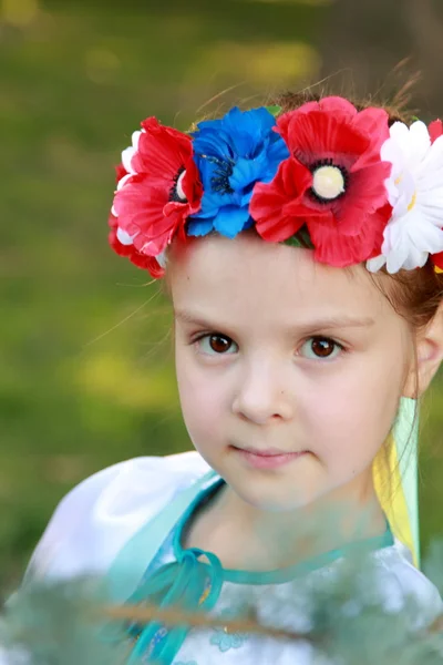 Leende liten flicka i en ljus folkdräkt Ukraina är på bakgrund av grönt gräs i parken sommaren — Stockfoto