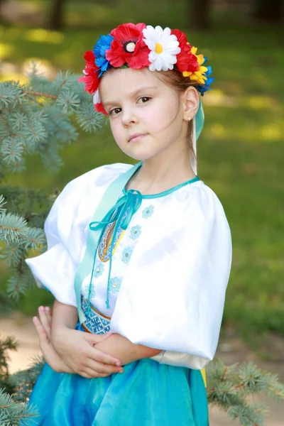 Cute little girl with a charming smile in a beautiful national costume Ukraine is on the background of green grass outdoors — Stock Photo, Image