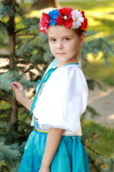 Smiling little girl in a bright national costume Ukraine is on the background of green grass in the summer park — Stock Photo, Image