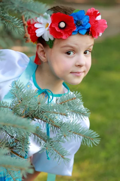 Очаровательная молодая девушка в красивом национальном костюме Украины на улице — стоковое фото