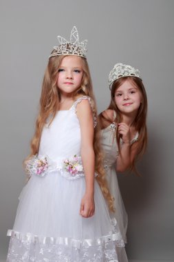 beyaz elbiseler ve bir taç gri bir arka plan üzerinde iki Avrupa kızlar