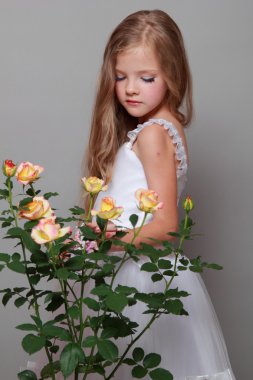 Stüdyo imge yanında taze gül güzellik ve moda uzun sarı saçlı güzel bir küçük kız