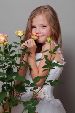 Stüdyo imge yanında taze gül güzellik ve moda uzun sarı saçlı güzel bir küçük kız