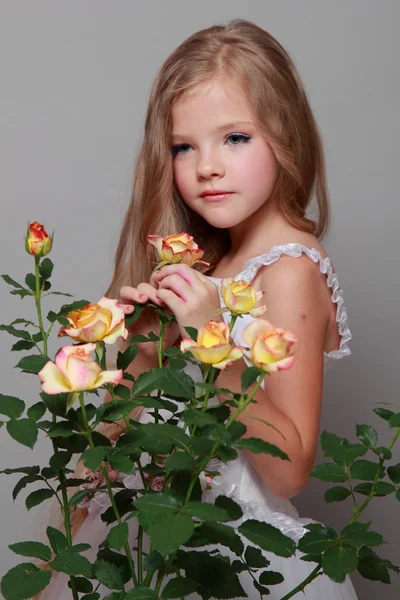 Retrato de una bonita joven con el pelo largo sostiene una hermosa rosa amarilla sobre un fondo gris —  Fotos de Stock