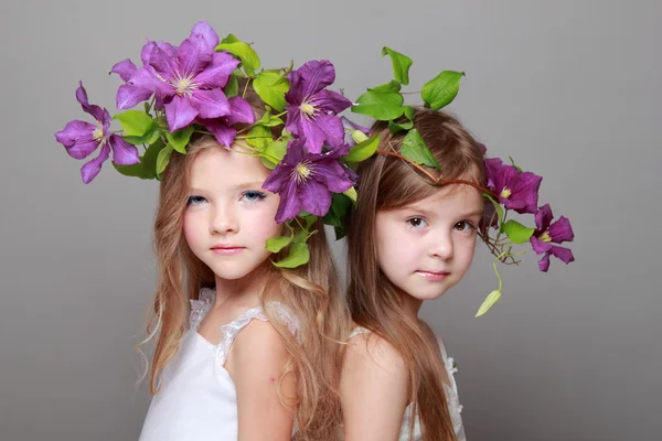 Zwei hübsche kleine Mädchen in weißen Kleidern und Frisuren aus frischen Klematis — Stockfoto