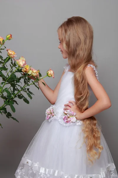 Studio immagine di una bella bambina con lunghi capelli biondi vicino alle rose fresche su Beauty and Fashion — Foto Stock