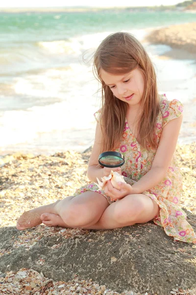 夏の海のほとりに座っているの夢は笑顔と、貝殻を保持するいると、かわいい女の子の肖像画. — ストック写真