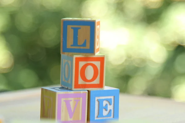 Woord love van kinderen van houten blokken. Educatief speelgoed — Stockfoto