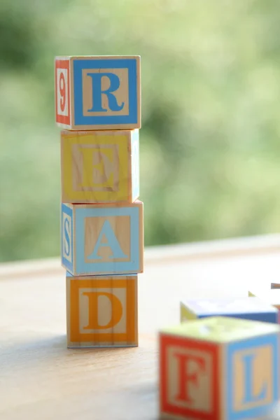Wort aus den Buchstabenblöcken der Kinder vorgelesen — Stockfoto