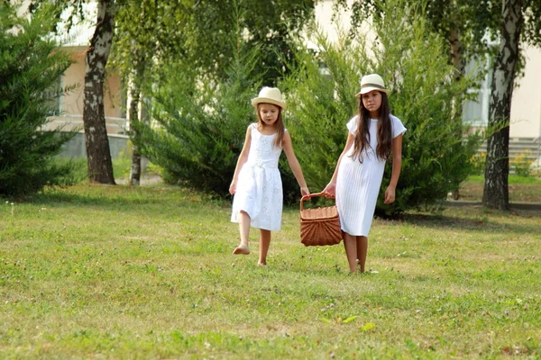 Girls in the park with a picnic basket — Stock Photo, Image