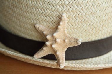 Hasır şapka ve ahşap zemin üzerinde deniz yıldızı