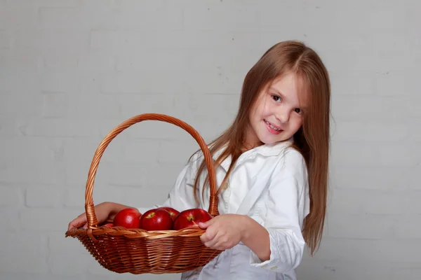 Ragazza che tiene il cesto di mele — Foto Stock