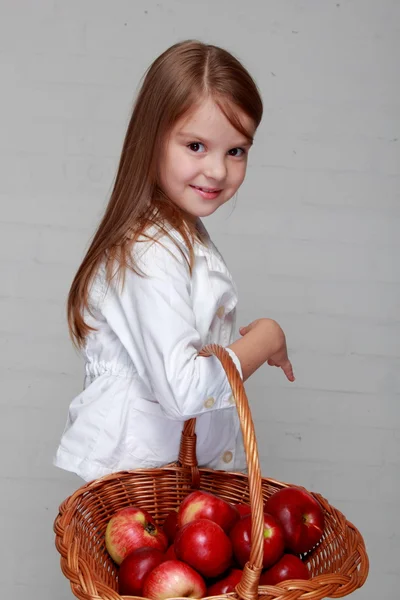 Menina segurando cesta de maçãs — Fotografia de Stock