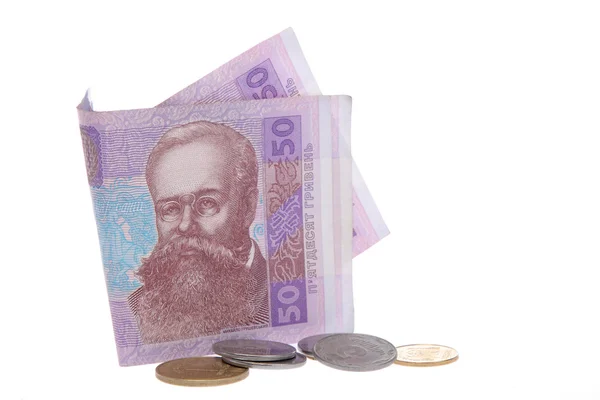 Ukrajinská bankovky a mince — Stock fotografie