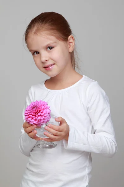 Girl holding fresh pink dahlias — Stock Photo, Image