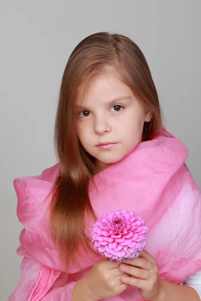 Dziewczyna w różowy szalik przytrzymanie różowy dalie — Zdjęcie stockowe