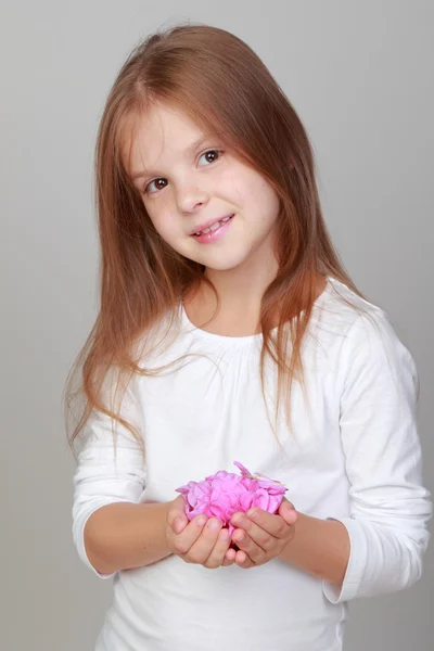 Little girl holding pink petals — Stock Photo, Image