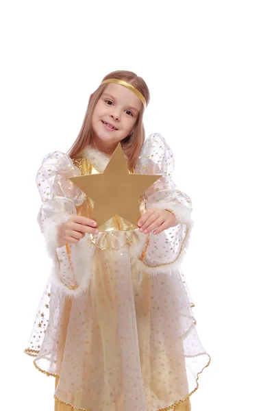 Enfant dans une belle robe fantaisie tenant étoile d'or — Photo