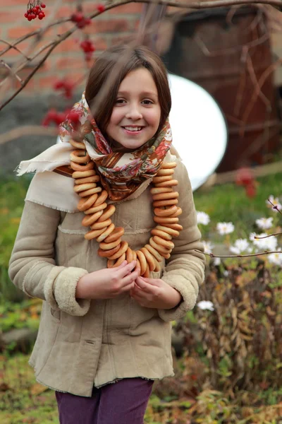 Girl in russian village traditional kerchief — Stock Photo, Image