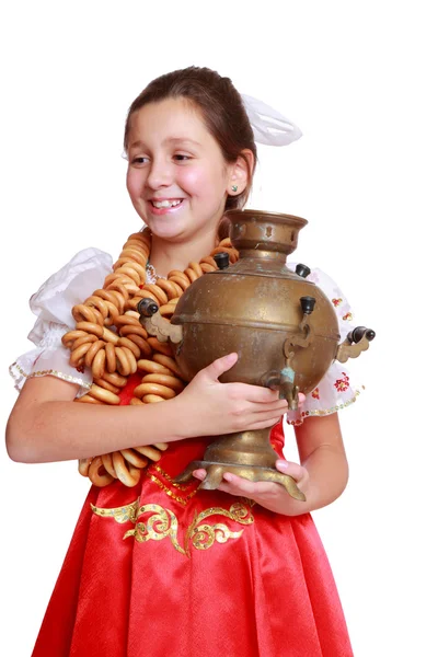 俄罗斯姑娘与茶炊旁 — 图库照片